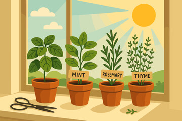 Obraz premium A small indoor herb garden in a kitchen window full of green plants