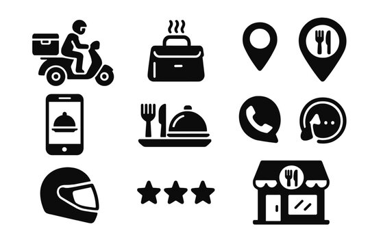 Equipment and icons utilized in the delivery of meals from restaurants to customers