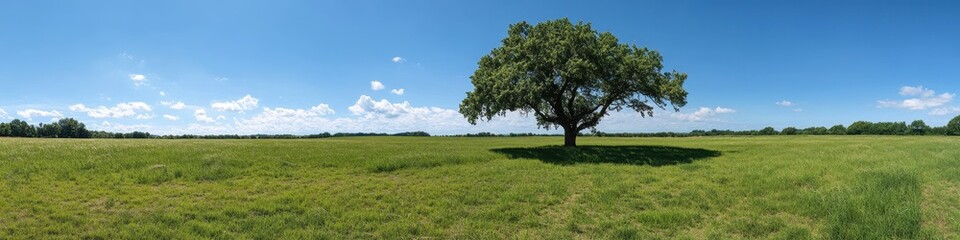 Fototapeta premium A minimalistic scene of a single tree in a sunlit meadow. The vast, cloudless sky provides ample negative space for logos, event titles, or inspirational quotes.