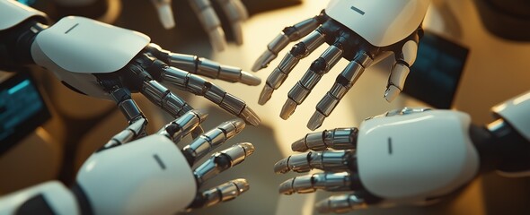 Hands of robots touch legal technology through automation, contract analysis, legal research, compliance monitoring, document review, predictive analytics, case management, e-discovery, and support.