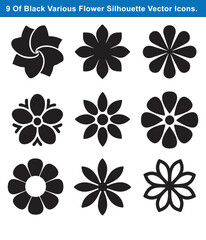 Set of 9 Black Flower Silhouette Icons with Various Petal Styles Isolated on White Background