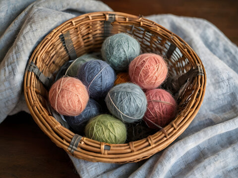 Cozy Knitted Balls in Basket: Close-up of a wicker basket overflowing with soft, vibrantly colored balls of yarn.