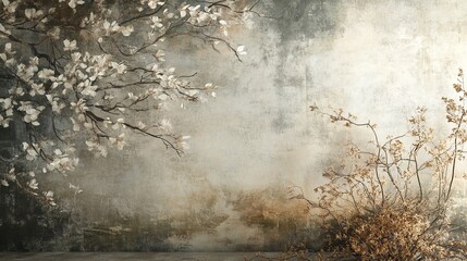 Elegant floral wall art with white and beige blossoms on rustic background home calm soft grey decor