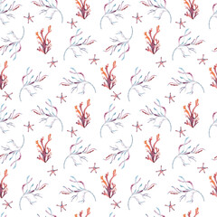 Soft pink watercolor seamless pattern with delicate seaweeds, coral branches, and starfish on white background. Hand painted marine design for fabric, wrapping paper and ocean plants repeated texture.