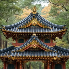 Fototapeta premium Ornate traditional Japanese architecture with detailed roof design surrounded by trees