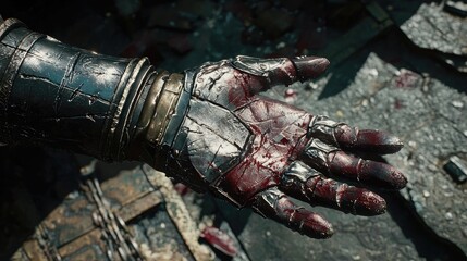 Fototapeta premium Close-Up of a Metallic Armored Glove Stained with Dark Red Liquid Surrounded by Textured Background Elements