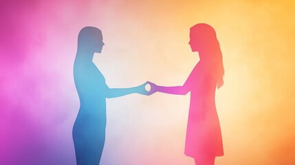 Emotion conflict inner mental. Two silhouetted figures holding hands amid a colorful gradient background, symbolizing connection, unity, and emotional bond.