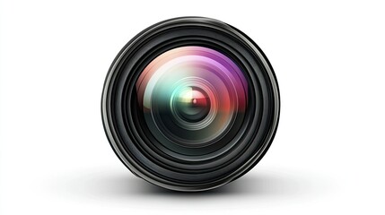 A close-up view of a camera lens showcasing intricate details and reflections, with a blurred background that hints at a photography studio setting
