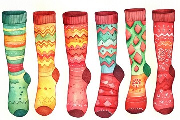 Colorful mismatched socks in lively patterns with festive watercolor details