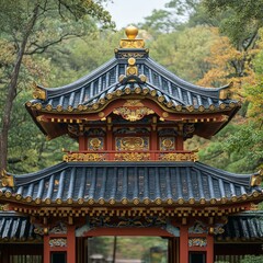 Fototapeta premium Ornate traditional Japanese architecture with detailed roof design surrounded by trees