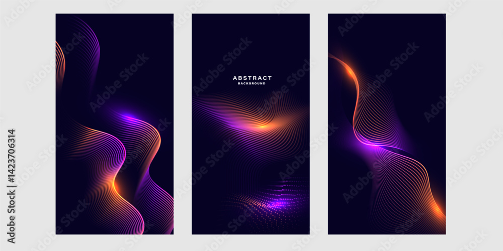 Leinwandbilder Set of futuristic abstract background with glowing wave lines. Vertical background banner.	