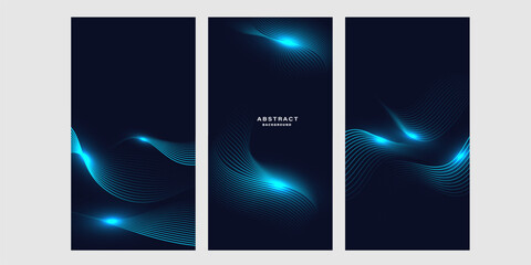 Set of futuristic abstract background with glowing wave lines. Vertical background banner.	