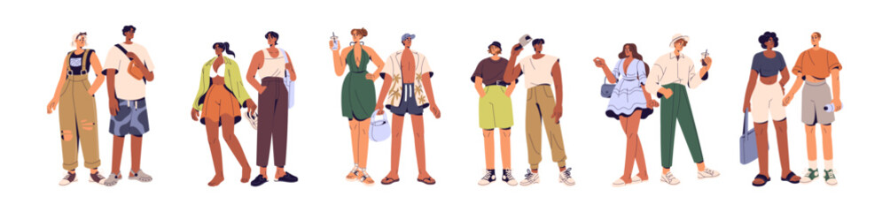 Happy couples in summer clothes set. Friends in outfits for hot weather stand together. Men and women are wearing stylish dress, shorts. Flat isolated vector illustrations on white background