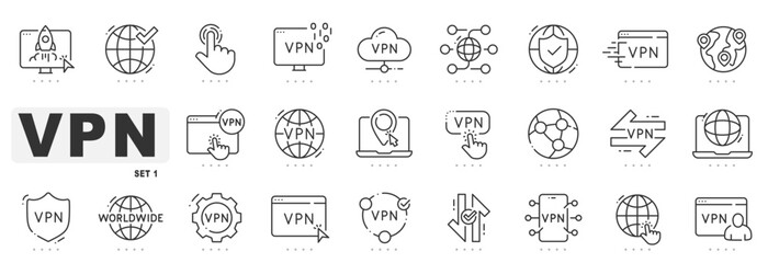 Set of VPN related line icons. Virtual, network, privacy etc. Editable stroke