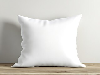 White Square Pillow on Wooden Surface in Bright Studio Interior with Neutral Background