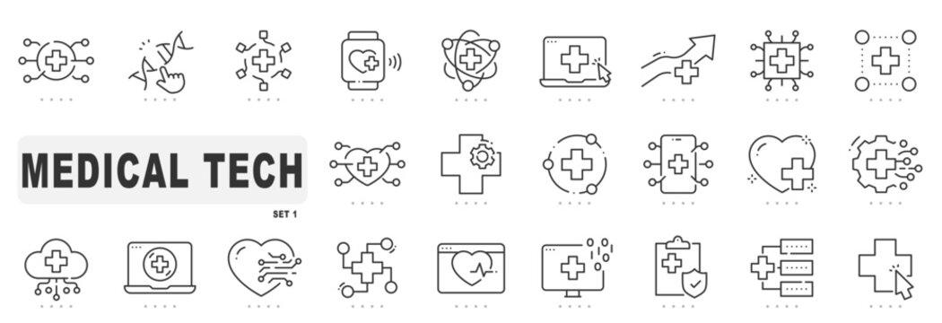 Set of medical technology related line icons. Digital, innovation, tech, healthcare etc. Editable stroke