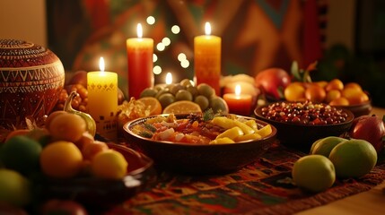 Naklejka premium Kwanzaa table setting adorned with an abundance of traditional foods and vibrant fruits, illuminated by glowing candles, celebrating heritage and togetherness