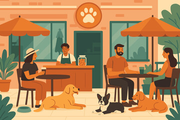 A casual outdoor café where people relax with their dogs and enjoy snacks