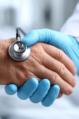 Close-up of hands; doctor reassuring a patient lying in hospital bed - healing therapy connection