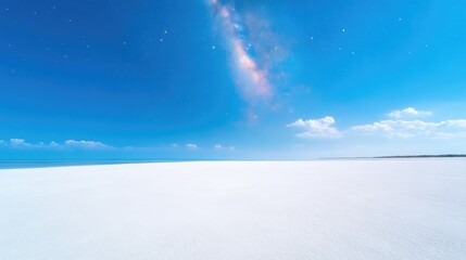 Vast, pristine white expanse under a vibrant blue sky, streaked with celestial phenomena.  A serene and otherworldly landscape