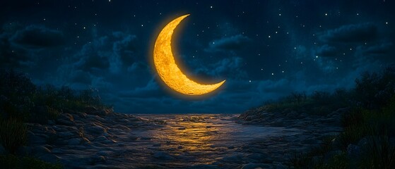 Fototapeta premium Crescent moon shines over a desert.