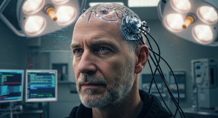A man sits in a high-tech laboratory, surrounded by glowing computer screens and surgical lights overhead. Advanced cybernetic implants are visible connected to his head, illustrating the intersection