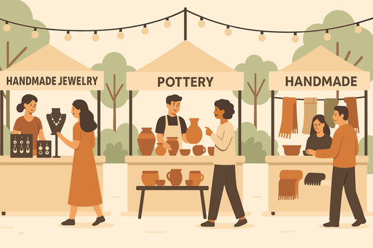 A local market outdoors featuring handmade items and customers