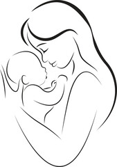 mother and baby love isolated on transparent background. Mom holding a new born baby Line art vector. Happy mothers day icon