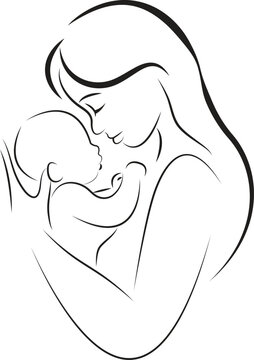 mother and baby love isolated on transparent background. Mom holding a new born baby Line art vector. Happy mothers day icon
