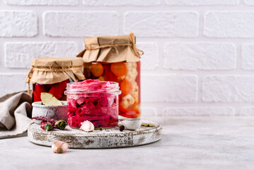 Healthy homemade fermented food in jars