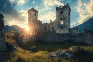 Sunset illuminates ancient castle ruins in a tranquil mountain landscape
