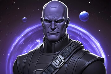 A stern-faced, purple-skinned villain from a fictional galaxy far, far away.