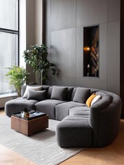 Obraz premium Modern living room featuring a stylish gray sectional sofa, decorative plants, and ambient lighting