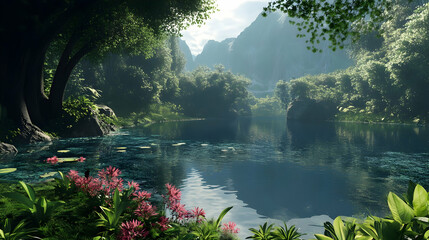 Serene mountain lake embraced by lush greenery, reflecting sunlight in tranquil waters.