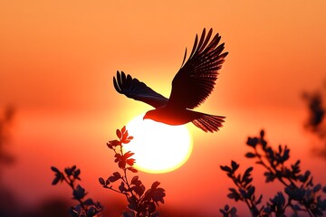 Fototapeta premium Silhouette of a bird in flight against a vibrant sunset with orange and red sky