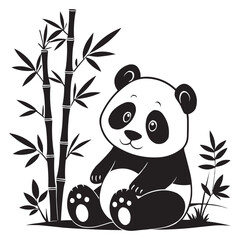 Cute Cartoon Panda Sitting with Bamboo - Black and White Illustration