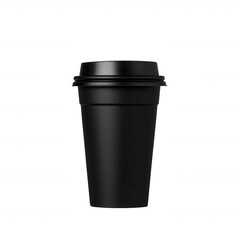 A sleek black coffee cup with a lid, perfect for takeout beverages. The minimalist design stands out against a white isolated background, ideal for coffee-related themes.