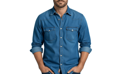 Denim Shirt, Western Style, Long Sleeves, Pockets, Transparent Background