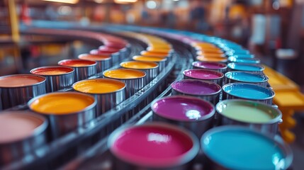 Colorful paint cans line a conveyor belt
