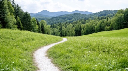 Serene country path meanders through lush green meadows and forests, leading to distant hills