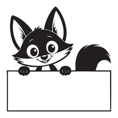 Cute Cartoon Fox Holding Blank Sign - Black and White Vector Illustration