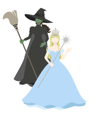 Vector illustration of a blonde good witch and a green-skinned wicked witch.Two witch characters from the Wizard of Oz in fantasy and fairy tales.