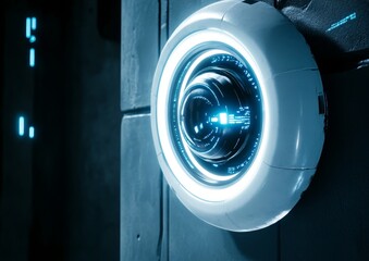 Modern High-Tech Digital Eye with Laser Beams and Biometric Symbols on Dark Grey Background with Map Icon, 3D Render