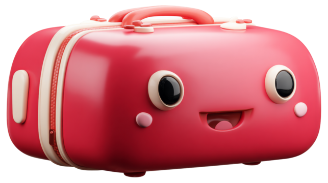 Quirky red cartoon travel suitcase with friendly expression