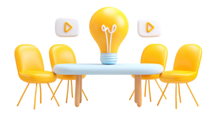 Floating lightbulb above a modern meeting table