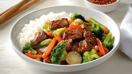 A serving of Mongolian beef stir fry with vegetables and steamed rice