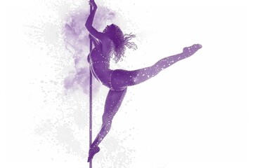 Obraz premium Minimalistic Purple Pointillist Illustration of a Woman Pole Dancing on White Background