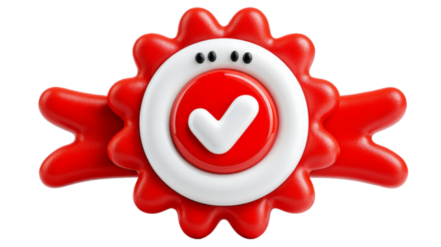 Glossy 3D style certificate badge with tick icon and ribbon