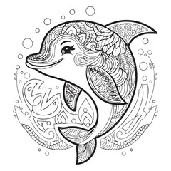 Intricate Ornamental Dolphin Illustration for Coloring Book or Decorative Art