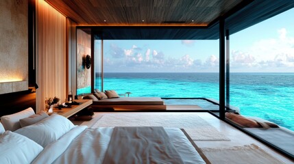 Fototapeta premium A luxurious bedroom overlooking the ocean.